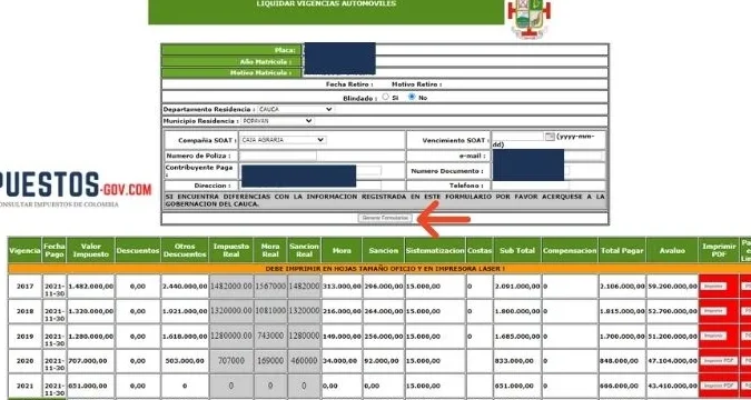 Liquidación Del Impuesto Vehicular De Popayan